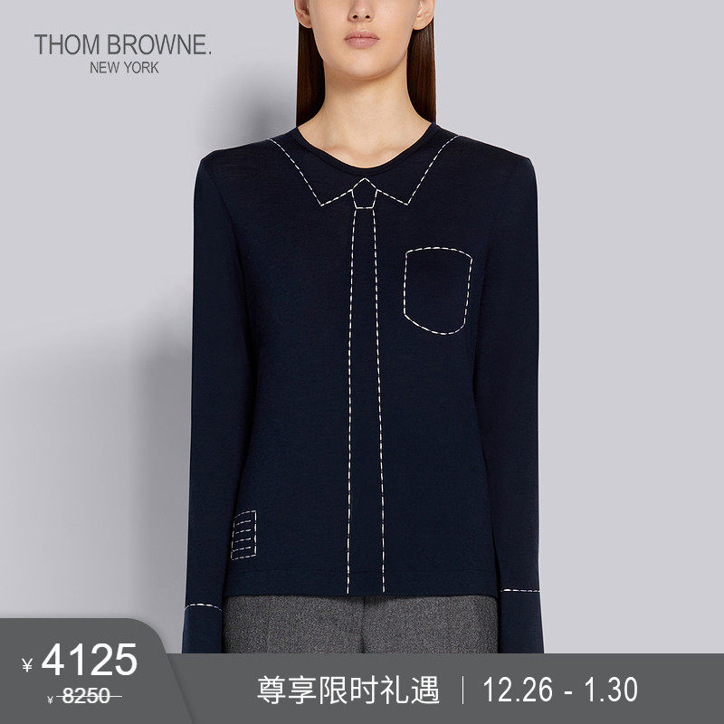 THOM BROWNE ladies autumn and winter New embroidery wool navy long sleeve T-shirt