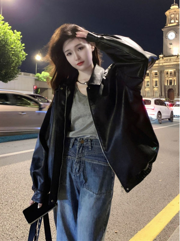 Black Polo Lapel Leather Jacket for Women, Spring and Autumn Fashion, Korean Style, High-End, Loose-Fitting, Stylish Biker Jacket Top
