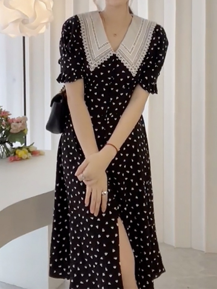 法式气质名媛高级娃娃领短袖碎花连衣裙