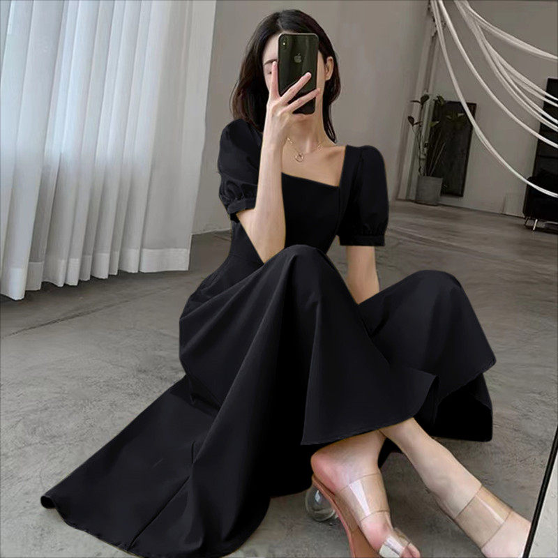 Sandro Bassa French temperament waist slimming 2022 new square collar black Hepburn dress women's summer
