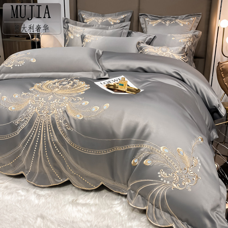 Italian luxury cotton four-piece set full cotton light luxury high-grade silk embroidery quilt cover wedding bedding winter