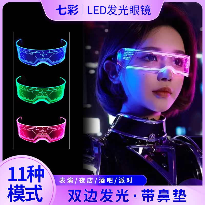 サイバーパンクスタイルのLED未来技術光るメガネSFグレア星周囲のバー雰囲気小道具
