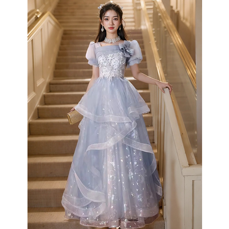 Blue Evening Dress Host High-End Light Luxury Niche Banquet Elegant 18-Year-Old Girl Birthday Coming-Of-Age Dress Gown