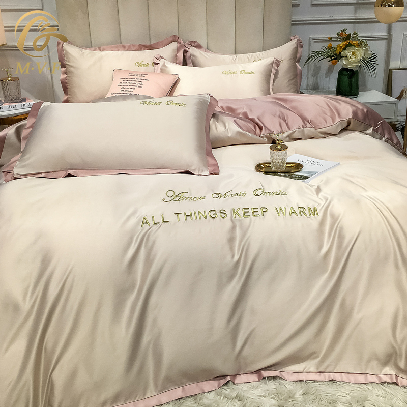 Ice silk four-piece set spring and summer silk double-sided silky Nordic Tencel pure color light luxury bed sheet quilt cover bedding