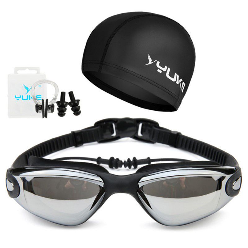 Male and female waterproof anti-fog plating swimming goggles long hair pu coated swimming cap Myopia Swimming Glasses Swimming Cap Three Suits