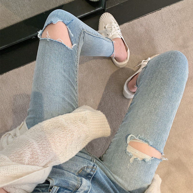 Ripped Jeans for Petite Women, Cropped Length, Summer Thin Style, High-Waisted, Slim Fit, Frayed Hem, Tight-Fitting, Stretchy Pencil Pants