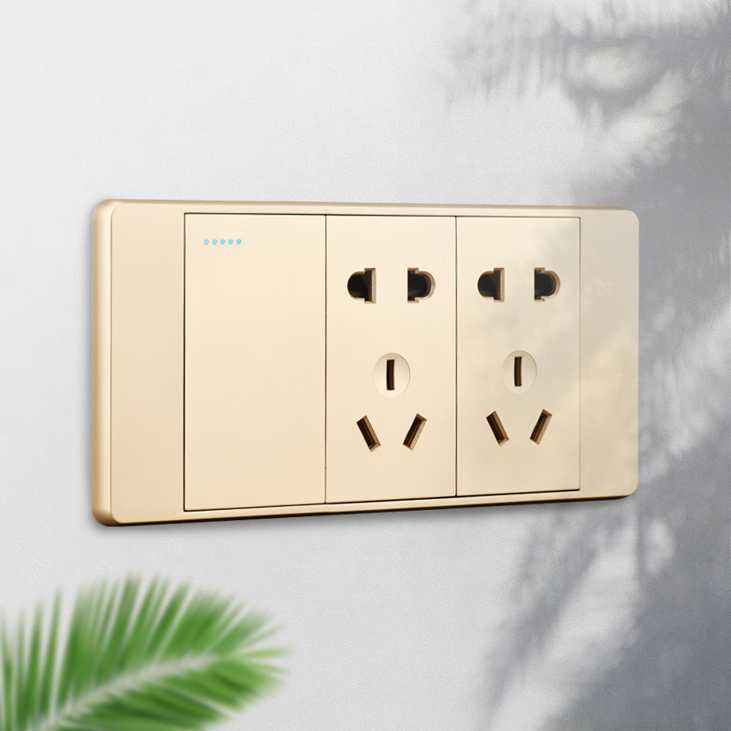 Type 118 Champagne Gold Switch Groups Panel Nine - hole Wall Plug Down with dark rectangular porous socket