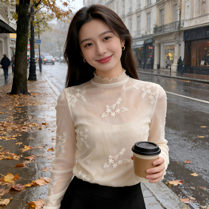 Plus-Size Elegant Lace Embroidered Ruffled Long-Sleeve Base Shirt for Women, 2026 Spring Slim-Fit Mesh Top