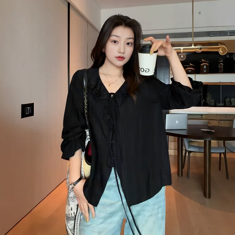Plus-Size French Ruffled V-Neck Black Long-Sleeve Shirt for Women, Early Autumn 2026, Slimming and Flattering Top for Curvy Figures
