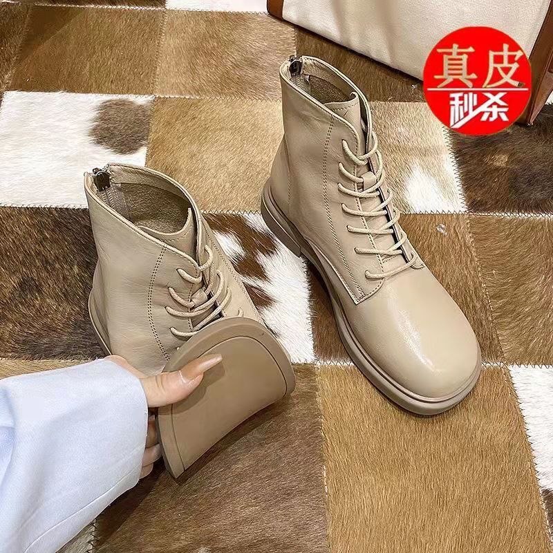 Rear Laced Mango Head Martin Boots Woman 2021 Autumn Winter New Genuine Leather Boots Rough Heel Retro Round Head Plus Suede Foreign Pie