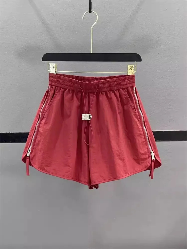 Red Side-Zip Work Shorts for Women, 2026 Summer Thin Quick-Dry Sports Pants, A-Line Wide-Leg Casual Hot Pants