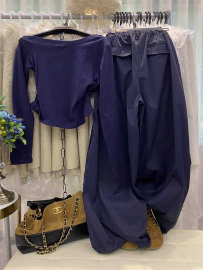 2025新款韩版时尚套装斜领字母印花长袖T恤+松紧腰抽绳工装阔腿裤