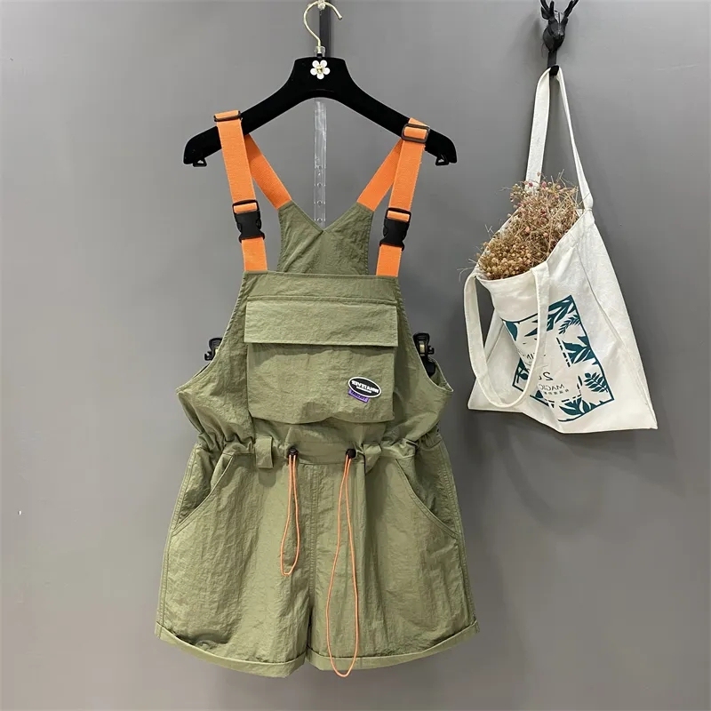 2026 Summer European Style Workwear Overalls Fashion Drawstring Waist Slimming Wide-Leg Rolled Hem Jumpsuit Shorts for Women Trendy
