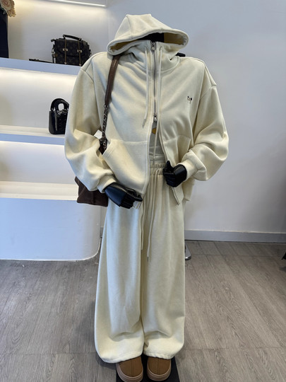 韩系高级感加绒加厚休闲风阔腿高腰显瘦气质款连帽拉链卫衣两件套