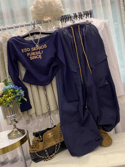 2025新款韩版时尚套装斜领字母印花长袖T恤+松紧腰抽绳工装阔腿裤