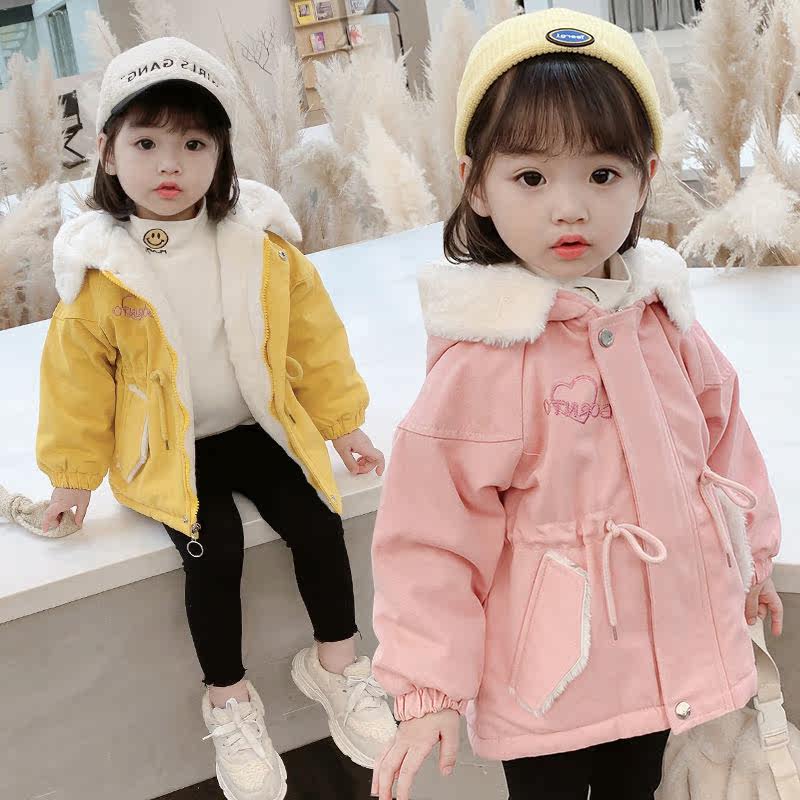 Girls' thick coat winter clothing 2022 new fashion trend plus velvet thickened hooded cotton coat children's baby top