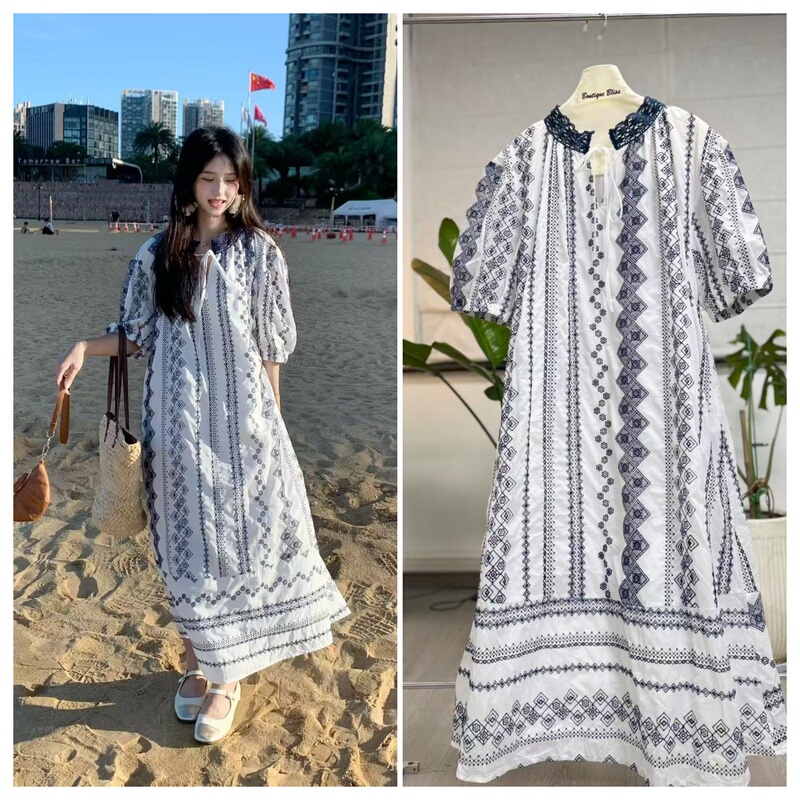 French-Style Heavy Embroidery, Lace Splicing at the Neckline, Bohemian Puff Sleeves, Long Dress, Vacation Dress