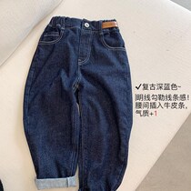 Boys jeans 2021 spring autumn and winter new style plus velvet loose medium and large childrens foreign style thin single-length pants for boys
