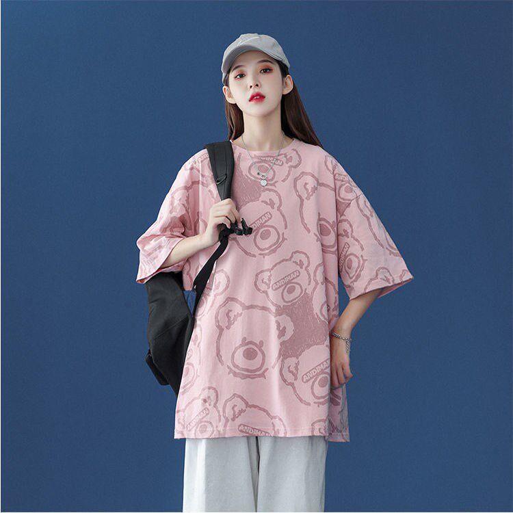 Summer new bear full print short-sleeved t-shirt female students 2022 Korean version loose BF Harajuku Hong Kong style all-match tops