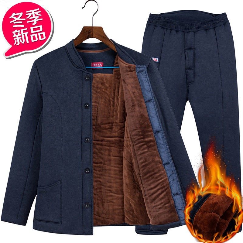 Middle-aged and elderly cotton-padded men's winter thickening and velvet cotton-padded jacket and cotton pants old man's grandfather's hot pants dad wears cotton-padded clothes