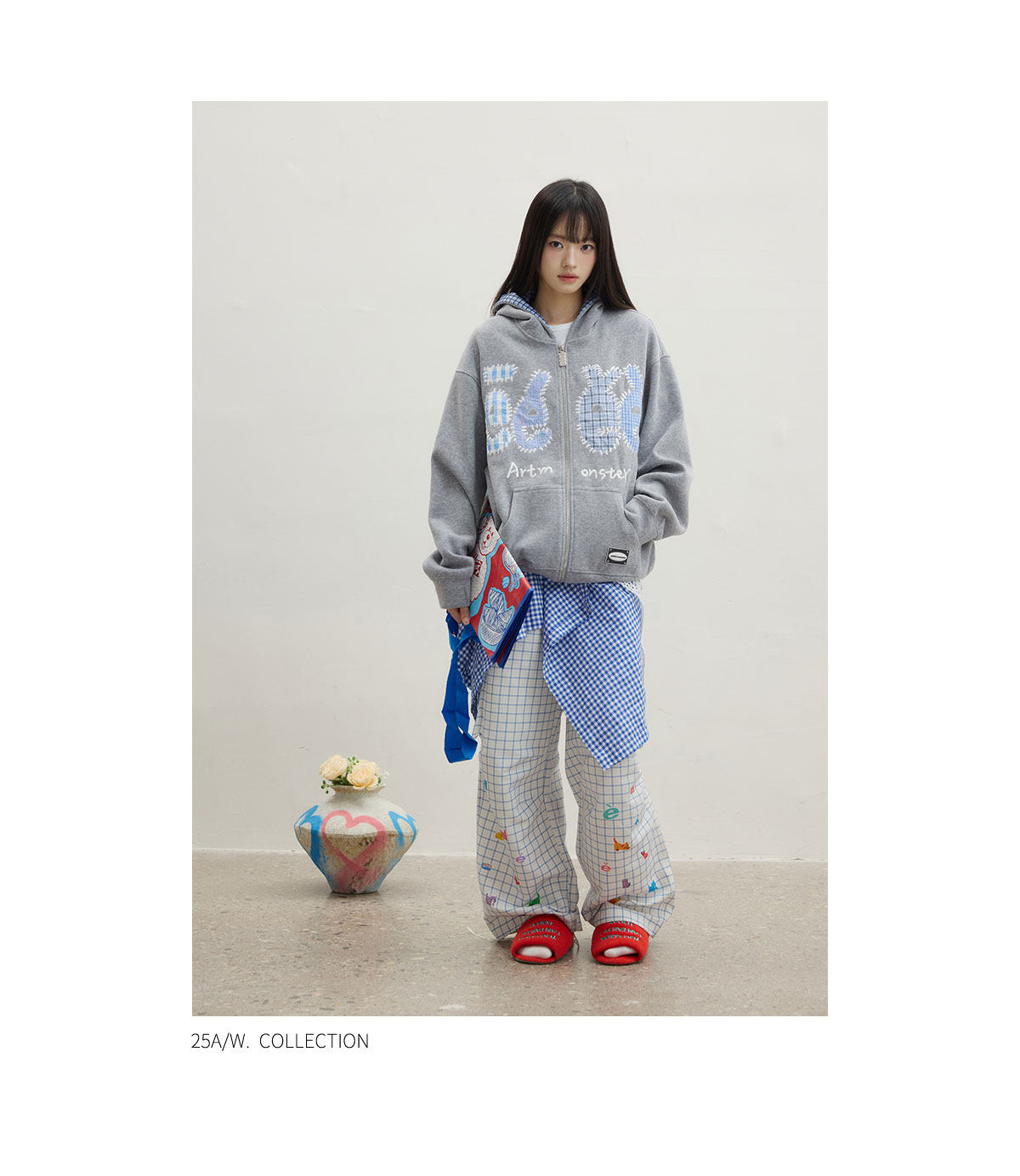 eeeeArtmonster Plaid Patch Embroidered Hoodie