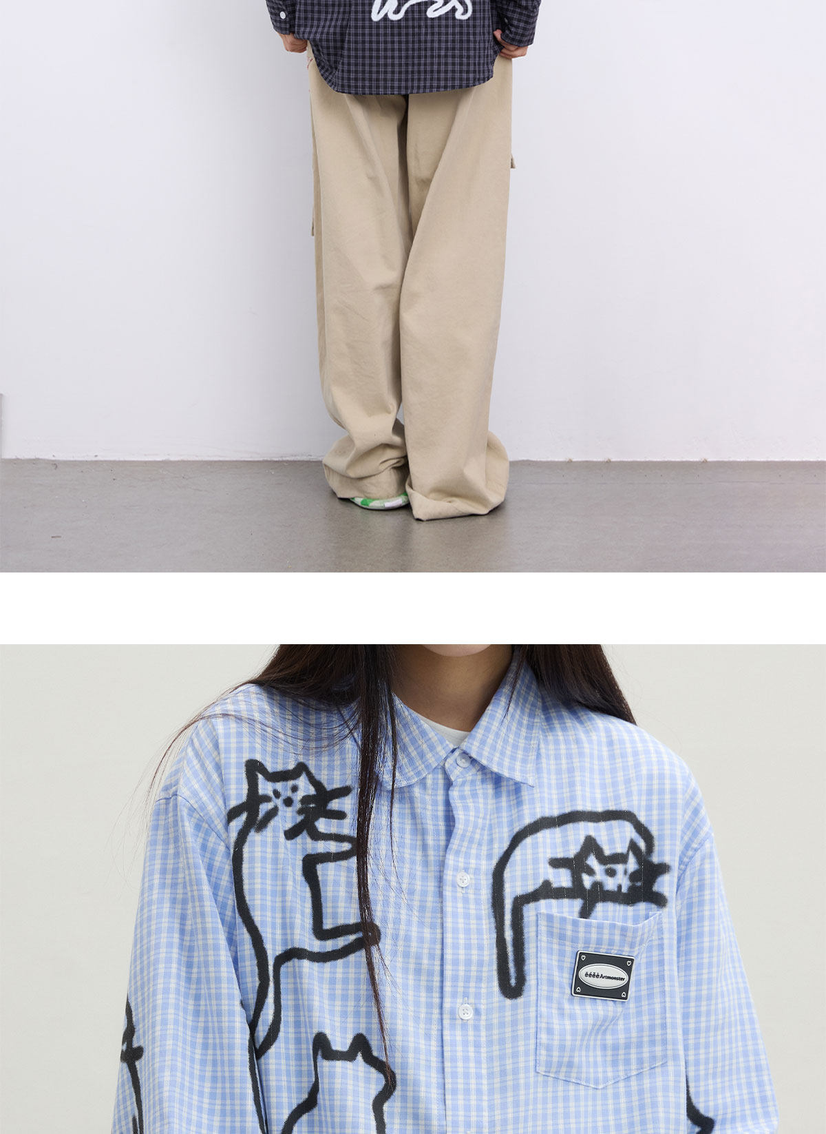 eeeeArtmonster Blue Plaid Cat Graffiti Shirt