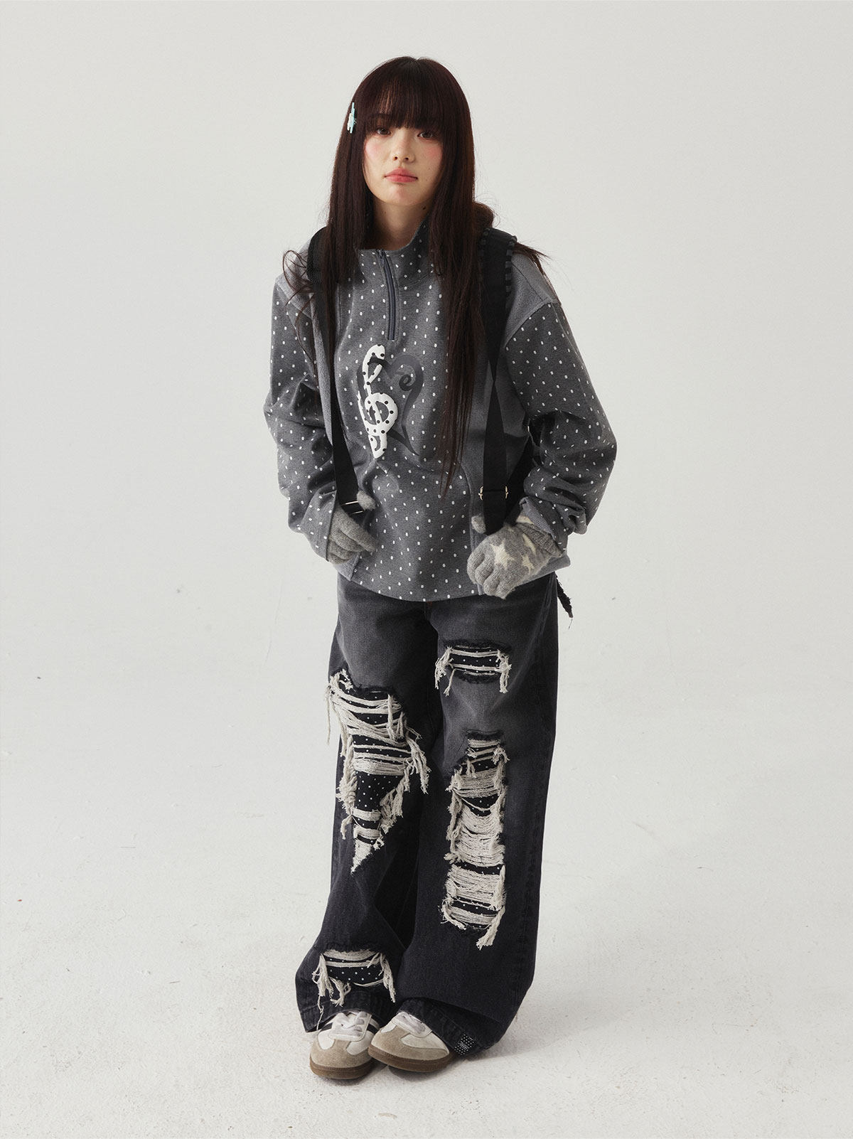 eeeeArtmonster Polka Dot Half-Zip Long-Sleeve Top