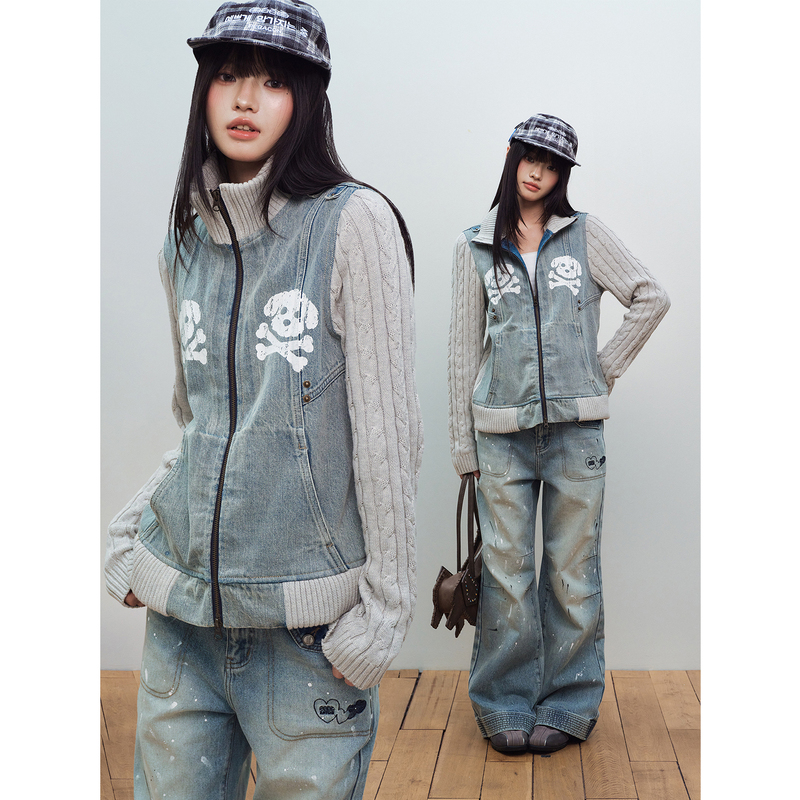 Skull Puppy |   Eee Design-Inspired Denim Patchwork Cable Knit Sweater with a Street Style High-Neck Knit Jacket for Autumn.
