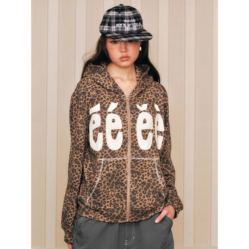 Dark Jungle | Hooded Sweatshirt with Letter Patches and Leopard Print Embroidery, Open-Front Cardigan. Dark Jungle | Hooded Sweatshirt with Letter Patches and Leopard Print Embroidery, Open-Front Cardigan.