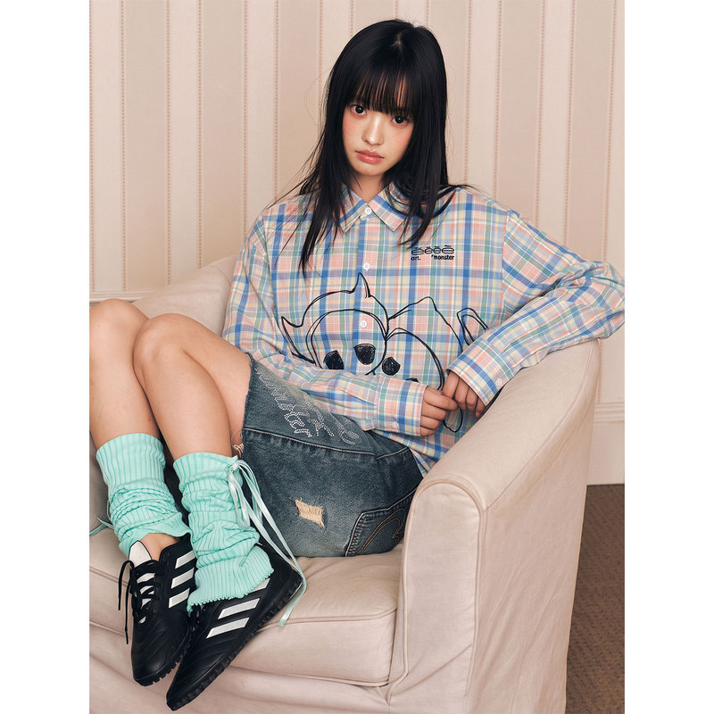 Twin Bears | Angel and Demon Hand-Drawn Graffiti Plaid Long-Sleeve Shirt with Letter Embroidery for Autumn. Twin Bears | Angel and Demon Hand-Drawn Graffiti Plaid Long-Sleeve Shirt with Letter Embroidery for Autumn.