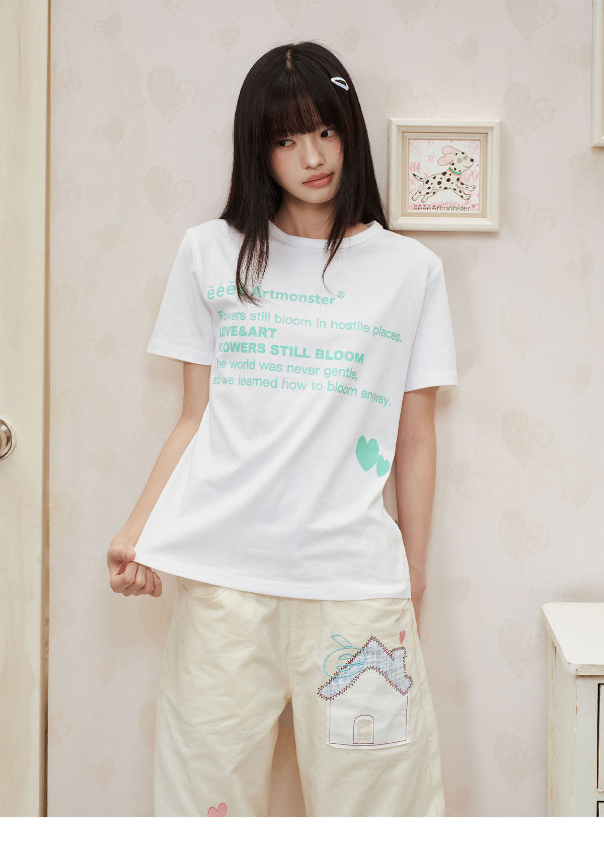 eeeeArtmonster Mint Heart Print Loose Tee