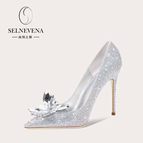 Selnevena Starry Rhinestone Flower Wedding Shoes French Style Wedding Silver Cinderella Crystal Flats for Women with Diamonds