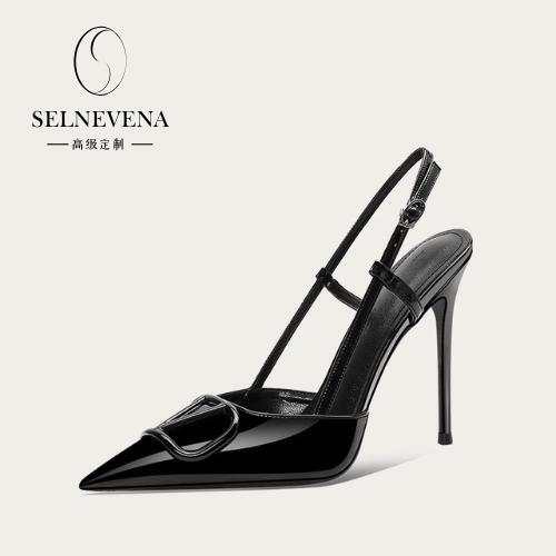 Selnevena Sexy Patent Leather V-Buckle Black High Heels Women's Back Strap One-Line Buckle Strap Closed-Toe Backless Sandals