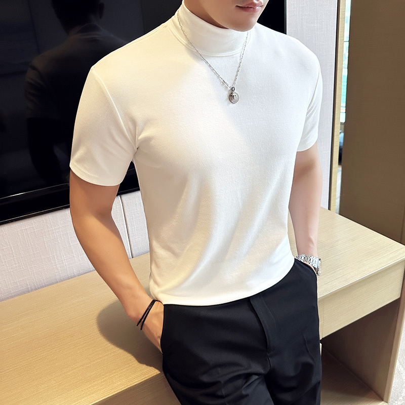 High-End Trendy Brand Pure Cotton Half-High Collar Short-Sleeve Men's Base Shirt Stretchy T-Shirt Small High Collar Half-Sleeve Versatile Top Trendy