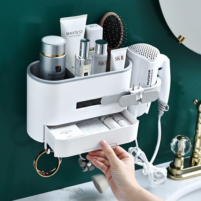 Hair dryer rack free punch bathroom powder room household storage shelf wall hanging multi-function hanger hair dryer rack