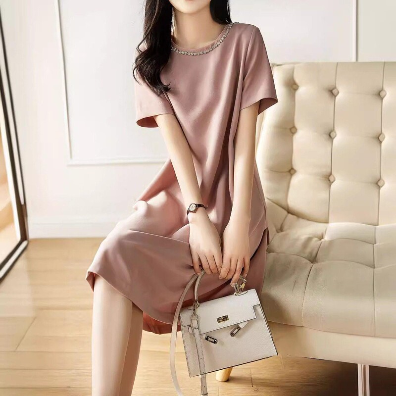 Hong Kong High-End Plus-Size Women's 2026 Summer Dress, Straight-Cut, Round-Neck, Heavily Beaded, Short-Sleeve, Sporty Style Dress