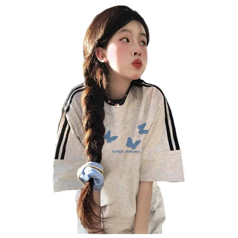 三条杠插肩蝴蝶短袖女t恤夏2025新款韩系慵懒学院风穿搭半袖上衣