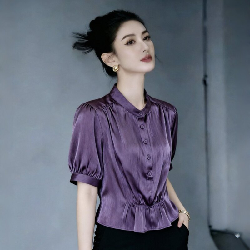Fashionable Ice Silk Shirt for Women, 2026 Summer New Style, Loose Fit, Tummy-Concealing Short-Sleeve Shirt, Waist-Cinching, Elegant and Versatile Top