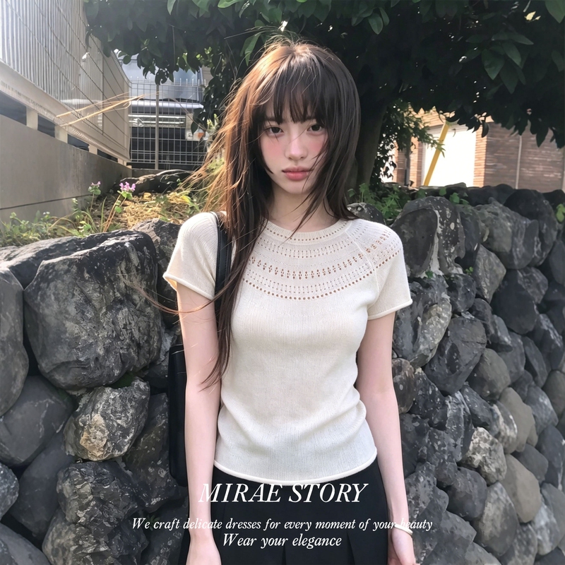 Mirae Story "Mist Island" French Normandy Linen-Cotton Fair Isle Lightweight Knit Short-Sleeve T-Shirt Mirae Story "Mist Island" French Normandy Linen-Cotton Fair Isle Lightweight Knit Short-Sleeve T-Shirt