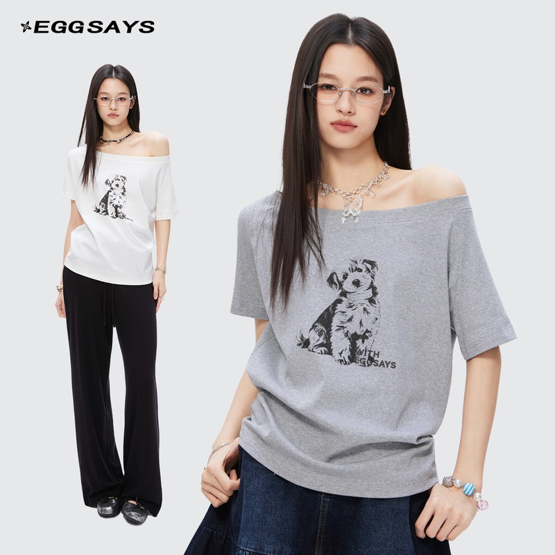Eggsays Puppy Print One-Shoulder Short-Sleeve T-Shirt for Women 2026 New Summer Casual Loose Slimming Off-Shoulder Top
