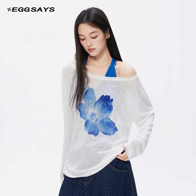 Eggsays Long-Sleeved Sun Protection Blouse for Women in Summer Korean Style Floral Lyocell Tencel Cool-Feeling Sheer Shoulder Top