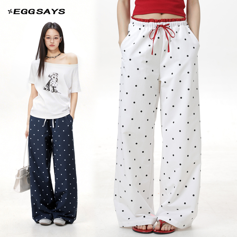 Eggsays American-Style Polka Dot Casual Pants for Women, Summer Thin Version, Color-Blocking, Relaxed Fit, Double Waistband, Loose Straight-Leg Pants