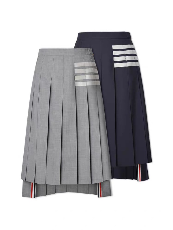 Spring and Summer Thhb Tb Long Skirt, Pleated Skirt, Four-Bar High-Waisted Slimming Short Skirt, Short in Front and Long in Back Woolen Skirt