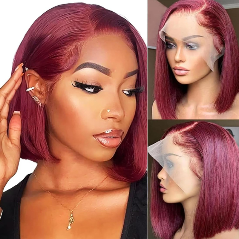 13X4 99J Bob Wig Hman Hai Human Hair Wig Burgundy Bob Wig