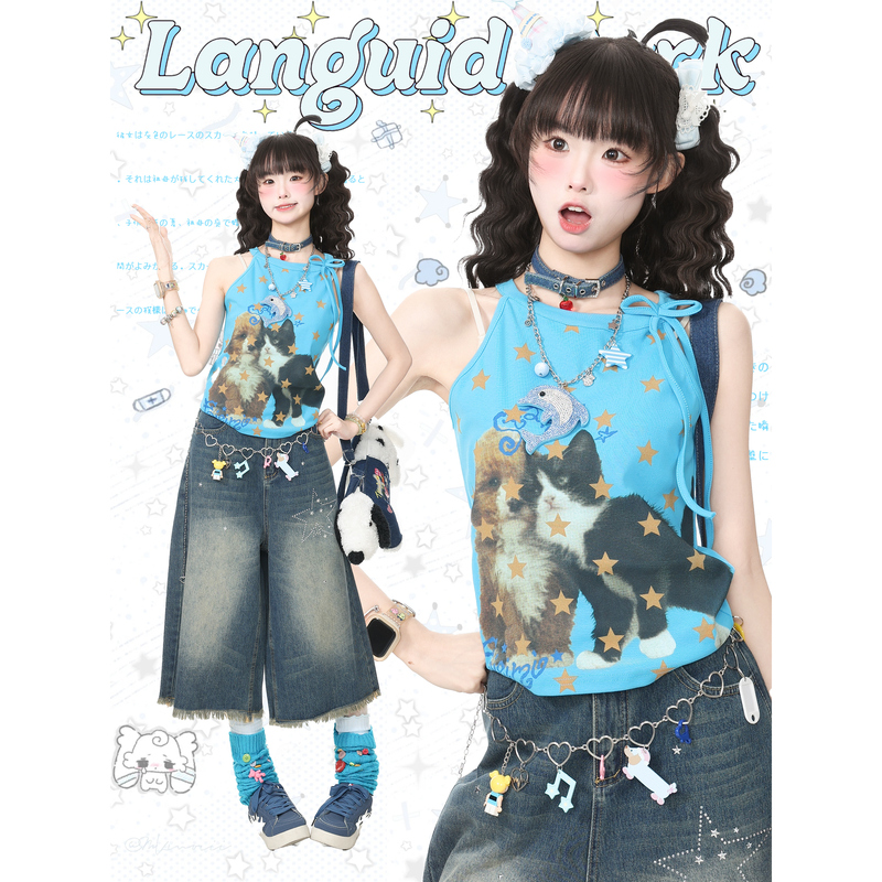 Blue Ghost Park Languid Park Kitten Star Print Camisole Women's Summer Casual Breathable Top Blue Ghost Park Languid Park Kitten Star Print Camisole Women's Summer Casual Breathable Top