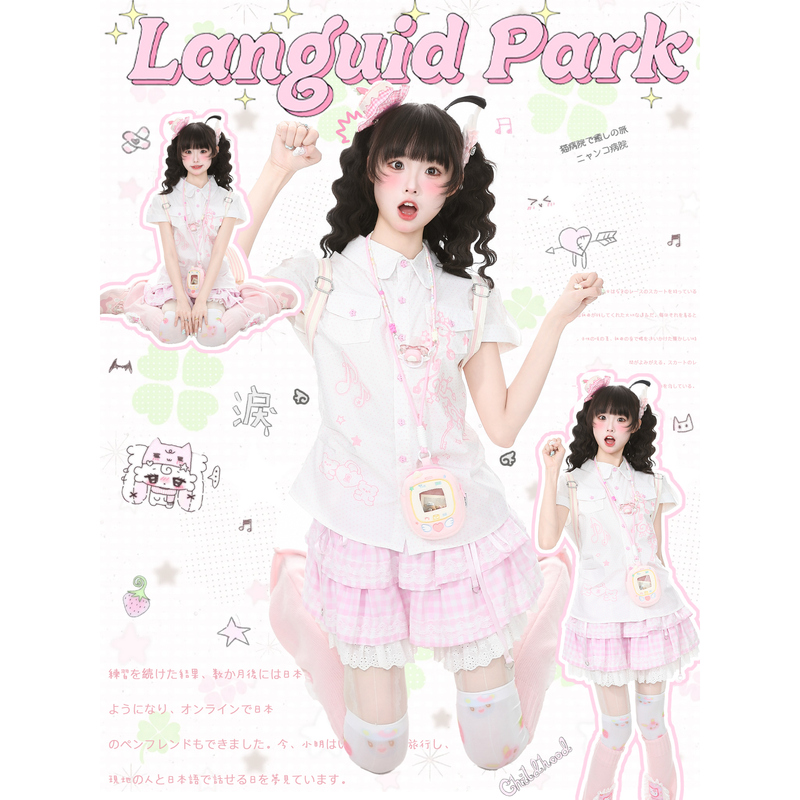 Blue Ghost Park Languid Park Y2K Subculture Polka Dot Shoulder-Baring Short-Sleeved Shirt Women's Summer Shirt Top