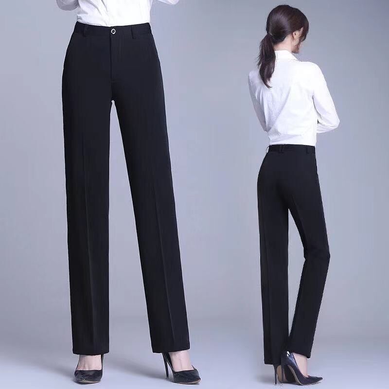 Black Professional Suit Pants for Women, Summer Drapey Slimming Straight-Leg Dress Pants, High-Waisted Loose Casual Cropped Work Pants