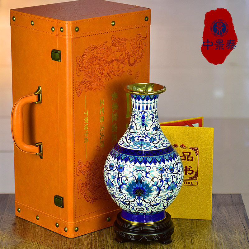 北京景泰蓝花瓶12英寸丁明鸿吉庆瓶铜胎掐丝缠枝莲纹摆件-Taobao-Tmall