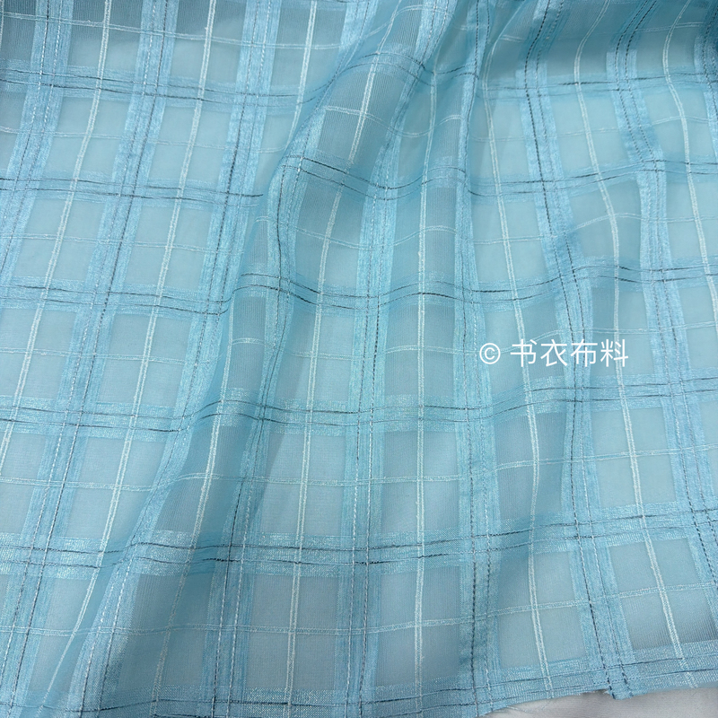 Imported Fresh Micro-Shape Sky Blue Translucent Plaid Cut-Out Organza Fabric Hanfu Hanfu Dress Fabric