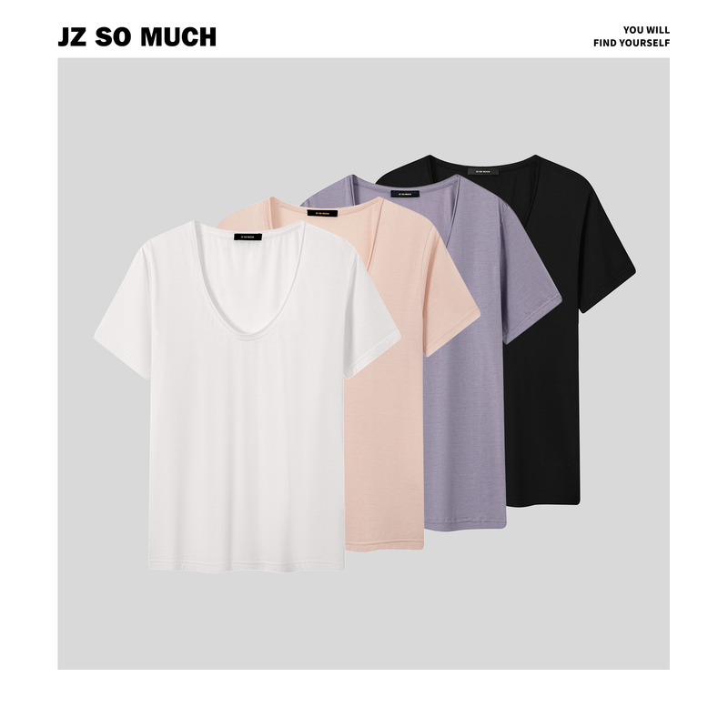 Jinzzi/Jz so Much【Mulberry Silk Cotton T】Soft and Skin-Friendly, Regular Shoulder U-Neck Cotton Short-Sleeve T-Shirt Top for Women, Summer